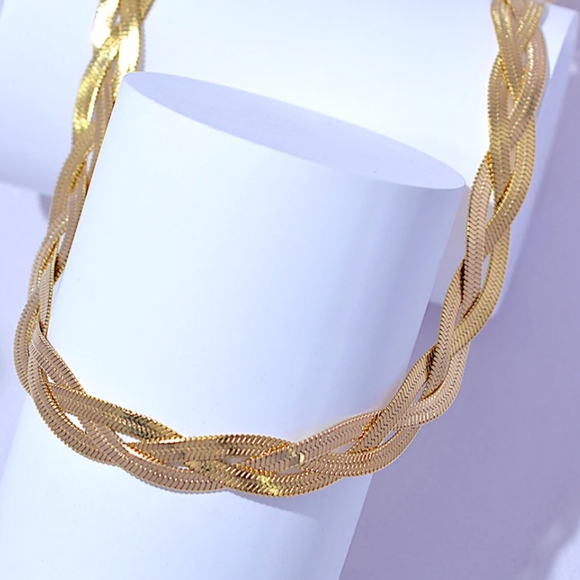 Braided Twisted Gold Plated Herringbone Snake Necklace Matching Bracelet Set - Picture 4 of 6